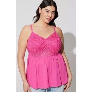 NWT TORRID | Bright Pink Babydoll Georgette Lace Trim Cami Sz. 5 or a 5X